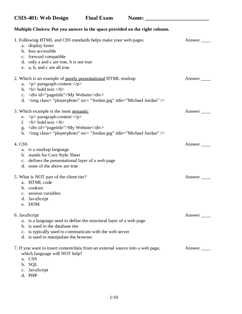 Picture of: Questions for Final Examination – Web Design  CSIS   Exams